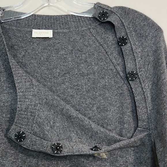 Valentino Grey Wool Sweater W/ Crystal Flower Embellishments, Size L ~ Like New - Picture 10 of 13